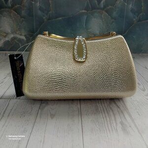 3-Way Gold Clutch Evening Bag Solid Handle Crystal Latch Removable Chain Strap